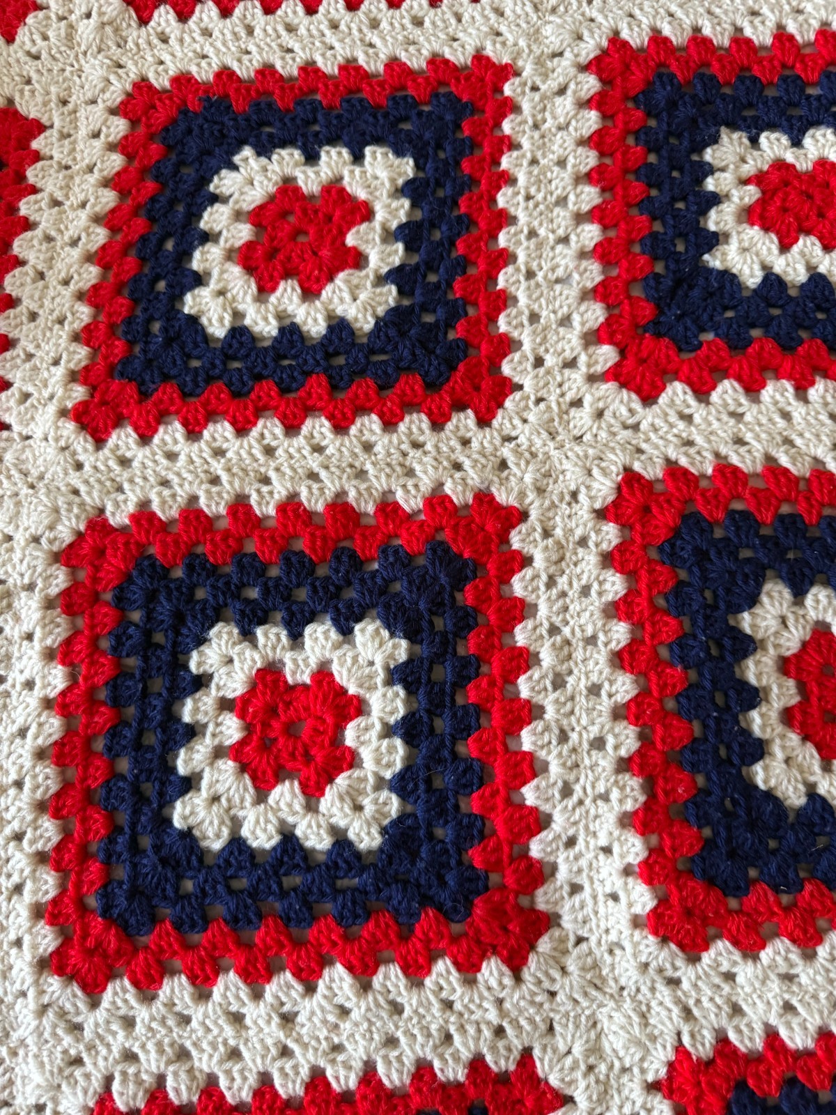 Granny Square Red White & Blue Patriotic Hand Crochet 47x39 Afghan Blanket Vtg gallery