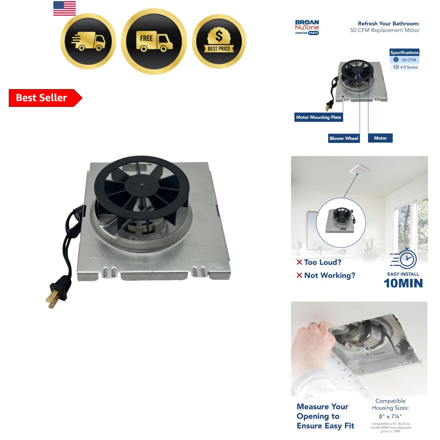Genuine Replacement Motor/Wheel for 50 CFM Bathroom Fans, Fits Select Models gallery