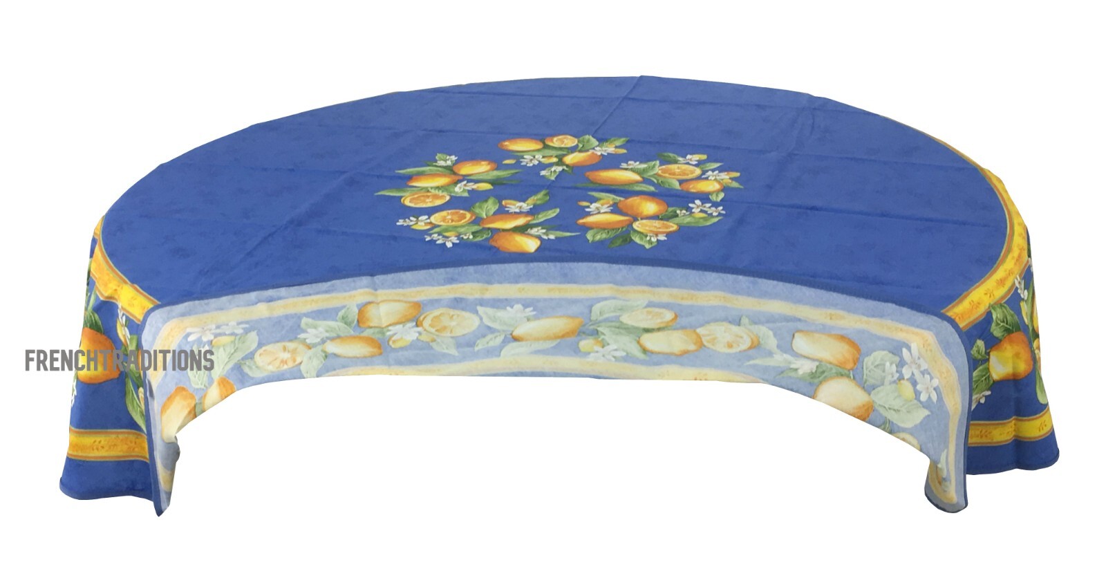 French Provencal 100% Cotton Tablecloth Lemons Blue Round 71" Made in France gallery