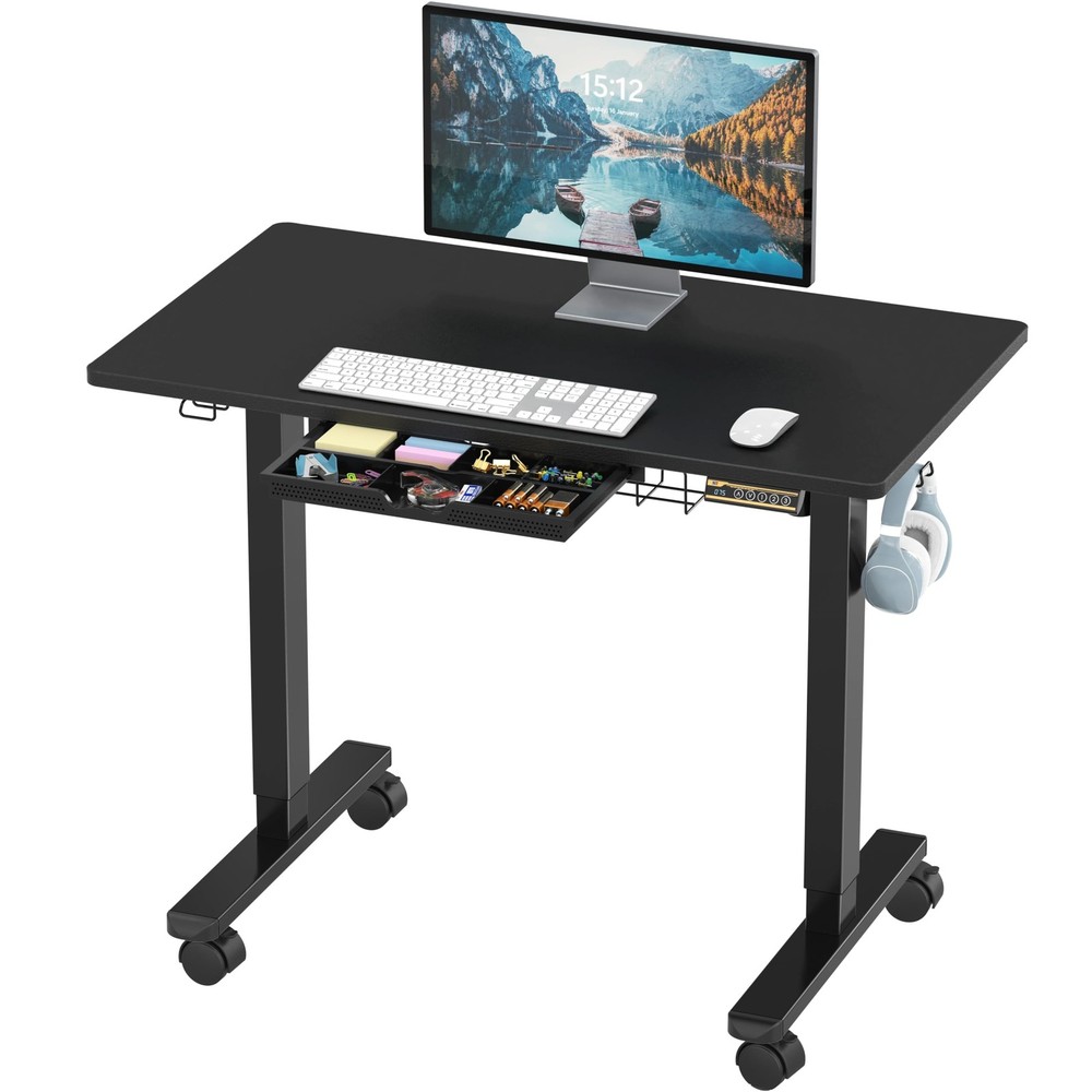 40-Inch Mobile Electric Height Adjustable Sit to Stand Desk with Drawer, Hang...