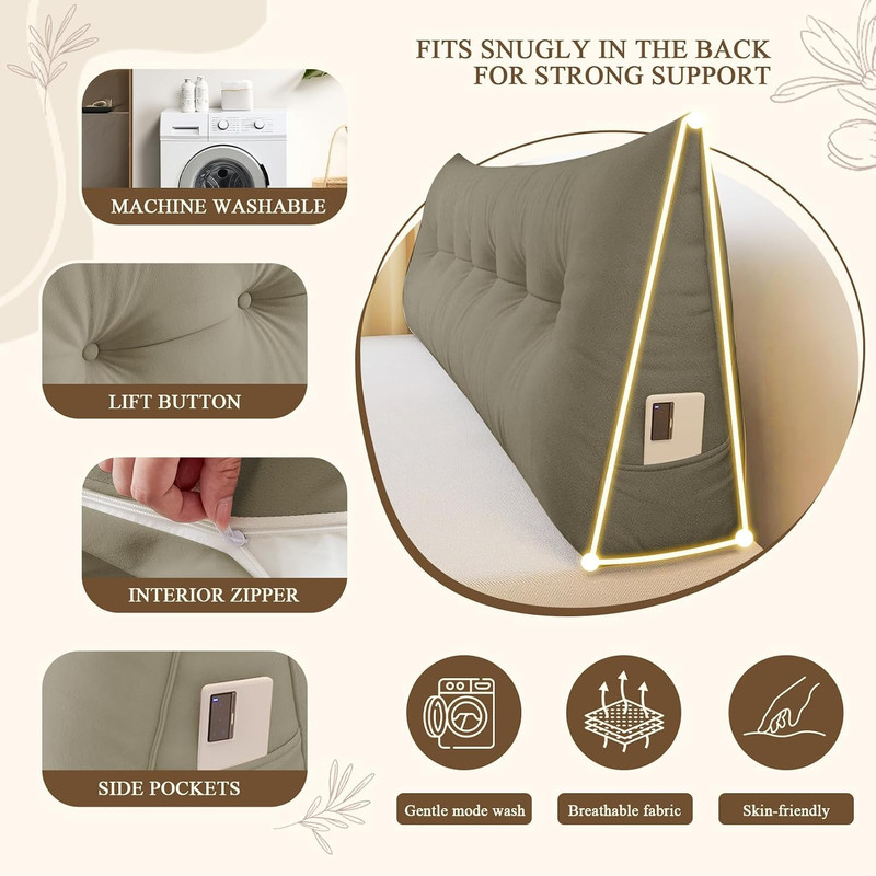 Queen Triangular Wedge Headboard Pillow for Reading & Relaxing - Khaki gallery