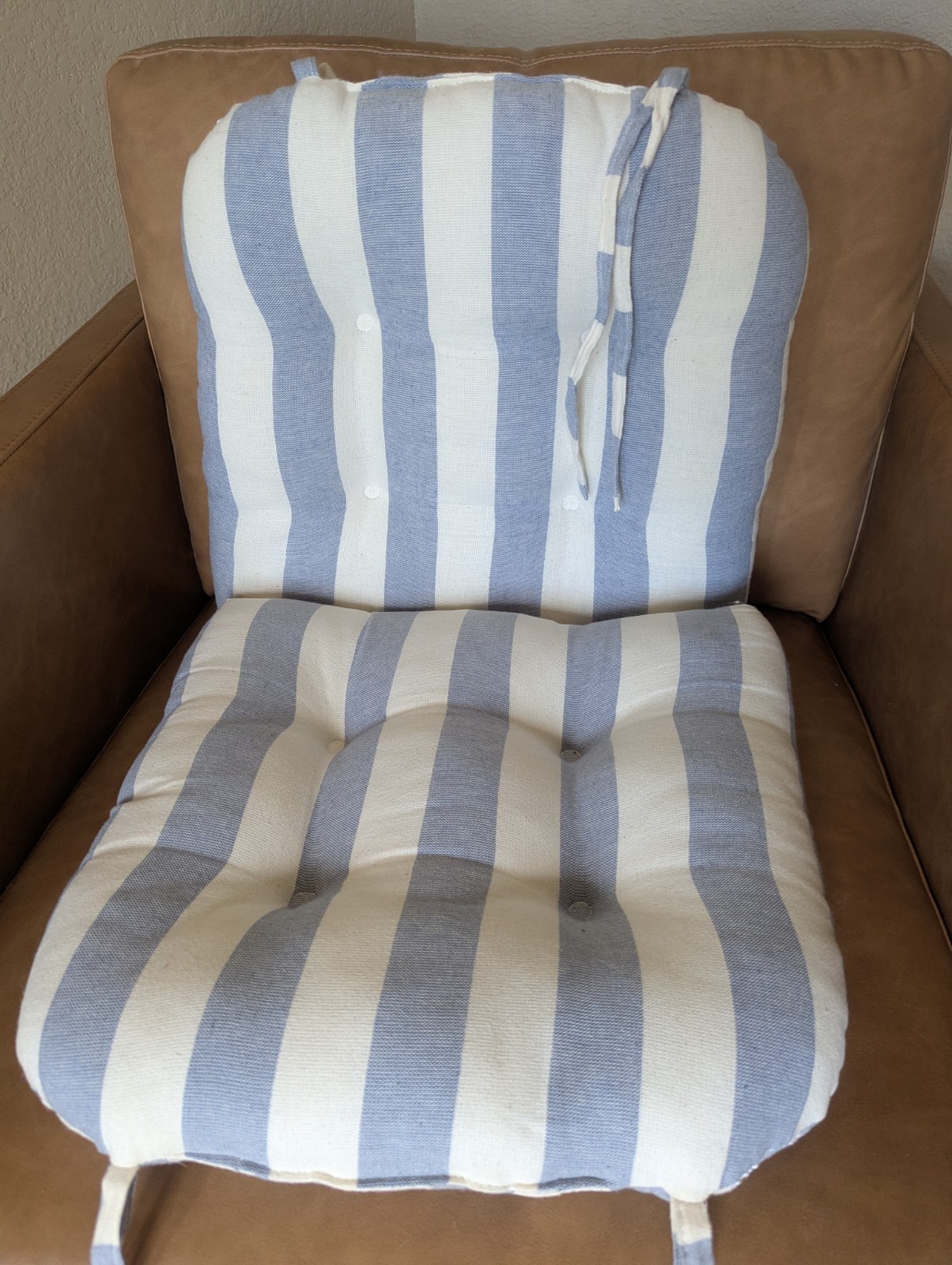Two-Piece tufted, blue and white striped chair cushion gallery