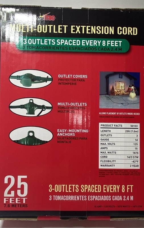 ElectraTRAC In-line Multi-Outlet Extension Cord 14/3 Heavy Duty 25 Foot Long gallery