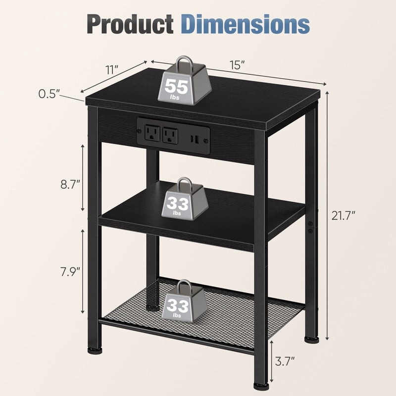 Gianna Small Side Table – 15.7", Charging Station, 3-Tier, Black gallery
