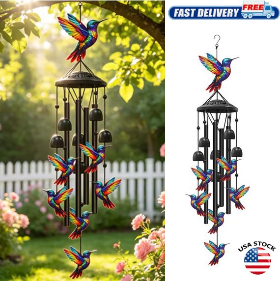Large Hummingbird Wind Chimes Outdoor Garden Decor Black Aluminum Tubes Hanging gallery