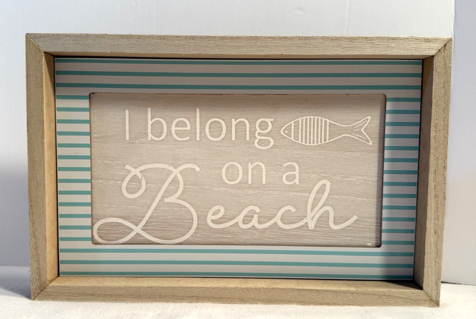 I Belong on a Beach Coastal Nautical Tabletop Decor Wood Sign Fish Teal & White gallery