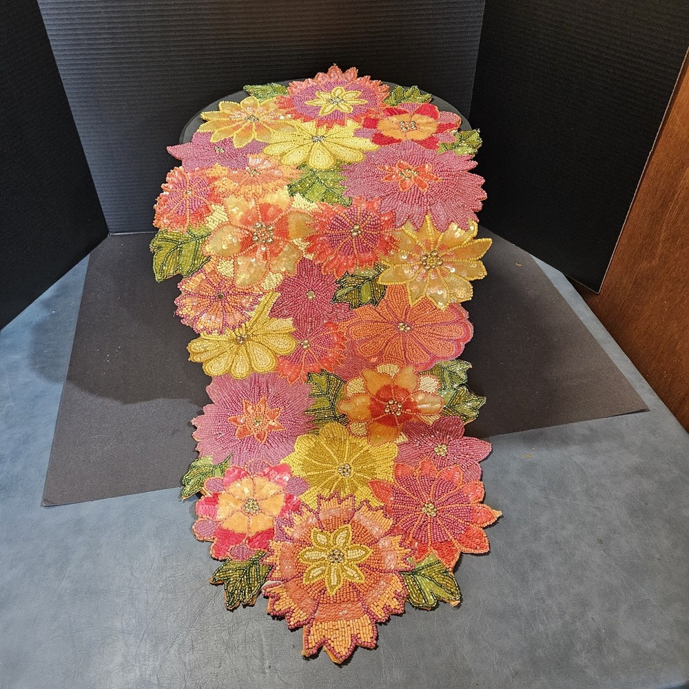 Pier 1 Imports Beaded Table Runner 34"x13" Summer Floral Orange Yellow Green