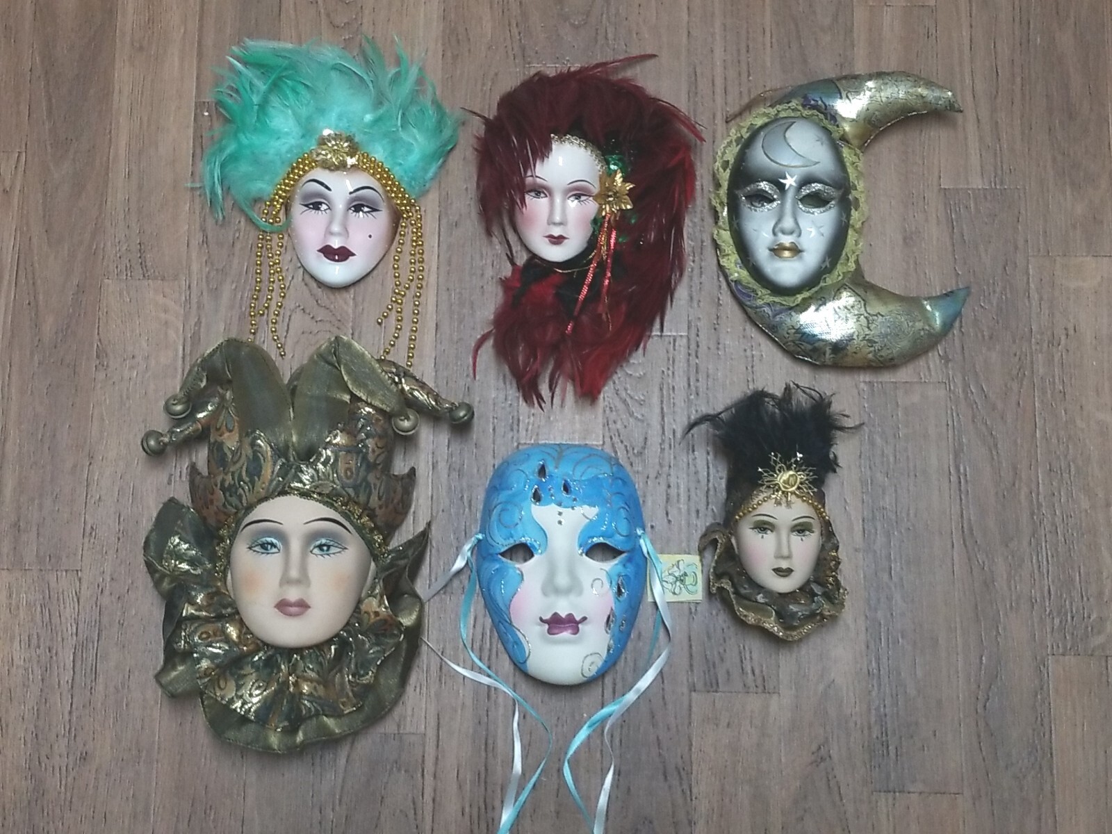 Vintage Unique Creations Lady Face Mask Wall Art Hanging Decor Feathers Lot of 6 gallery