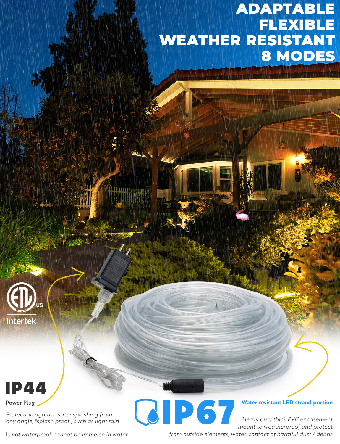 Warm White 8-Mode LED Outdoor Waterproof Rope Light 10' 20' 25' 50' 100' 150' ft gallery
