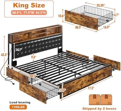 King Size Bed Frame with 4 Storage Drawers King Bed Frame and Headboard Upholste gallery