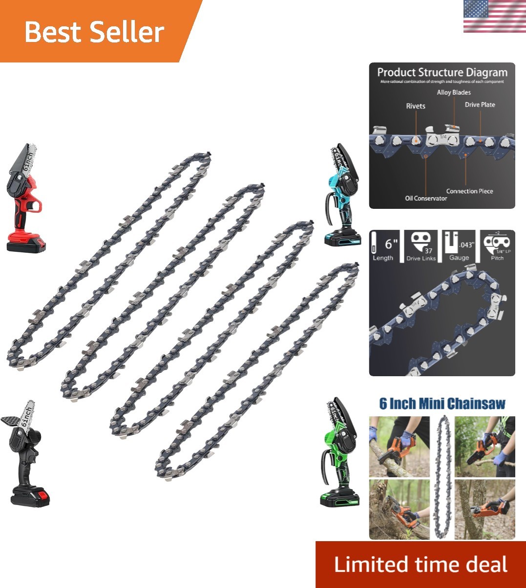 Durable 6" Mini Chainsaw Chain - 37 Drive Links in 4-Pack for Effortless Cutting gallery