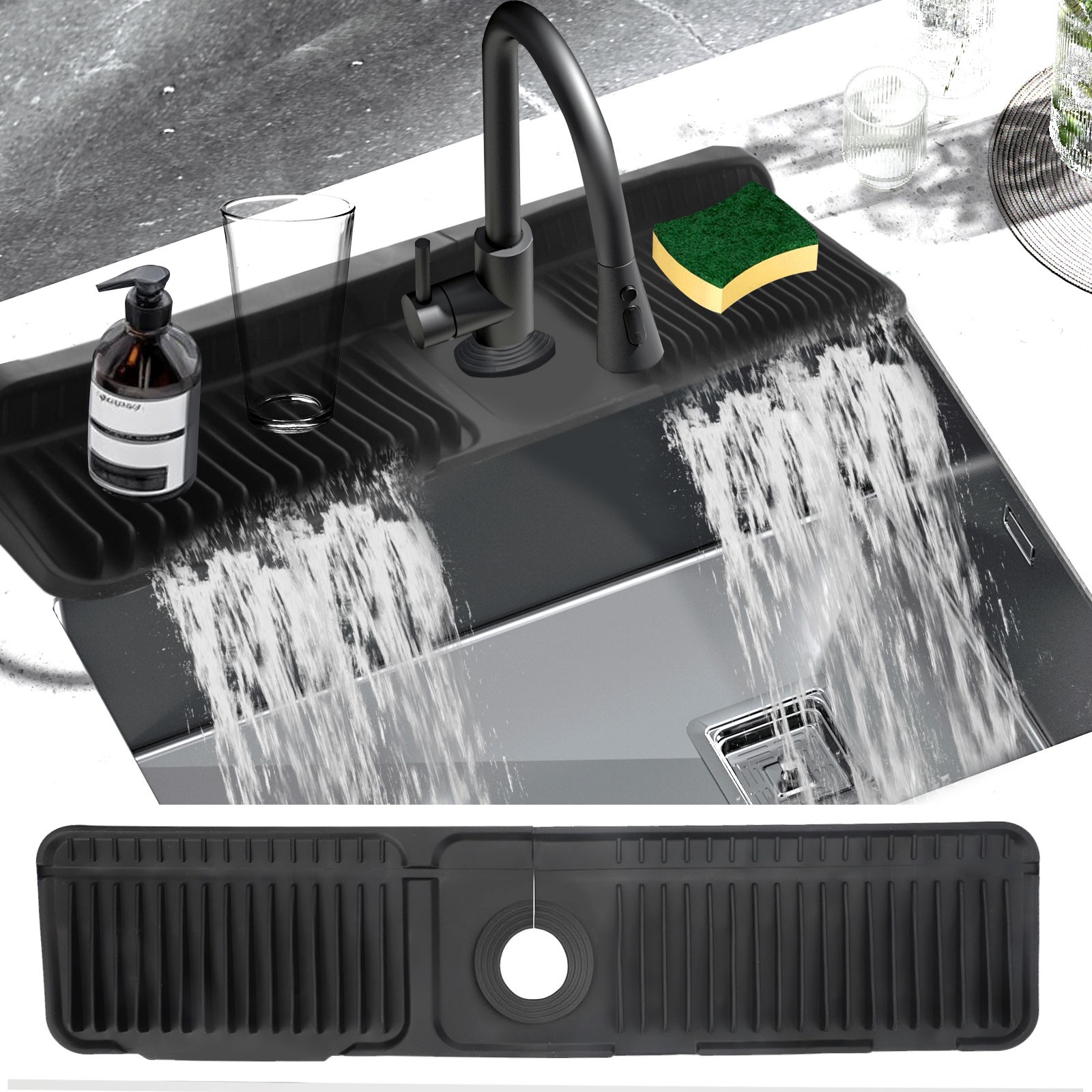 24 in Silicone Faucet Mat for Kitchen Sink Splash Guard 5° Slope Water Drain Mat gallery