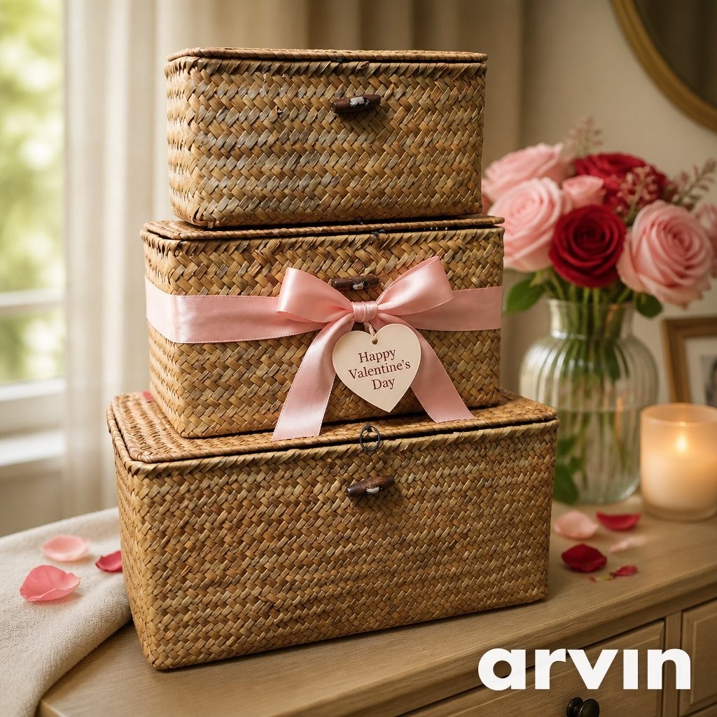 Natural Seagrass Storage Wicker Basket Set 3-Piece with Lids Handwoven Boxes gallery