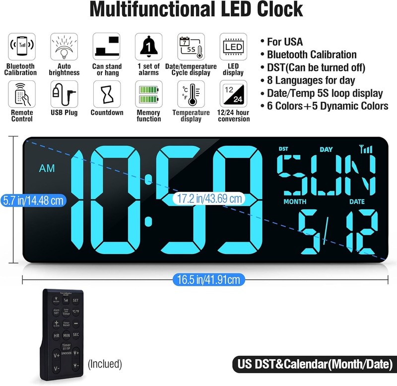 TXL 17.2 Large Digital Wall Clock Bluetooth Sync Time LED Wall Clock with Date gallery