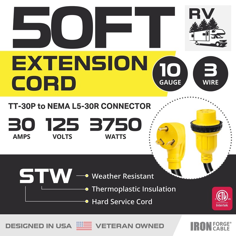 Iron Forge Cable 30 Amp Rv Extension Cord 50 Ft - 10/3 Stw Tt-30P To Nema gallery