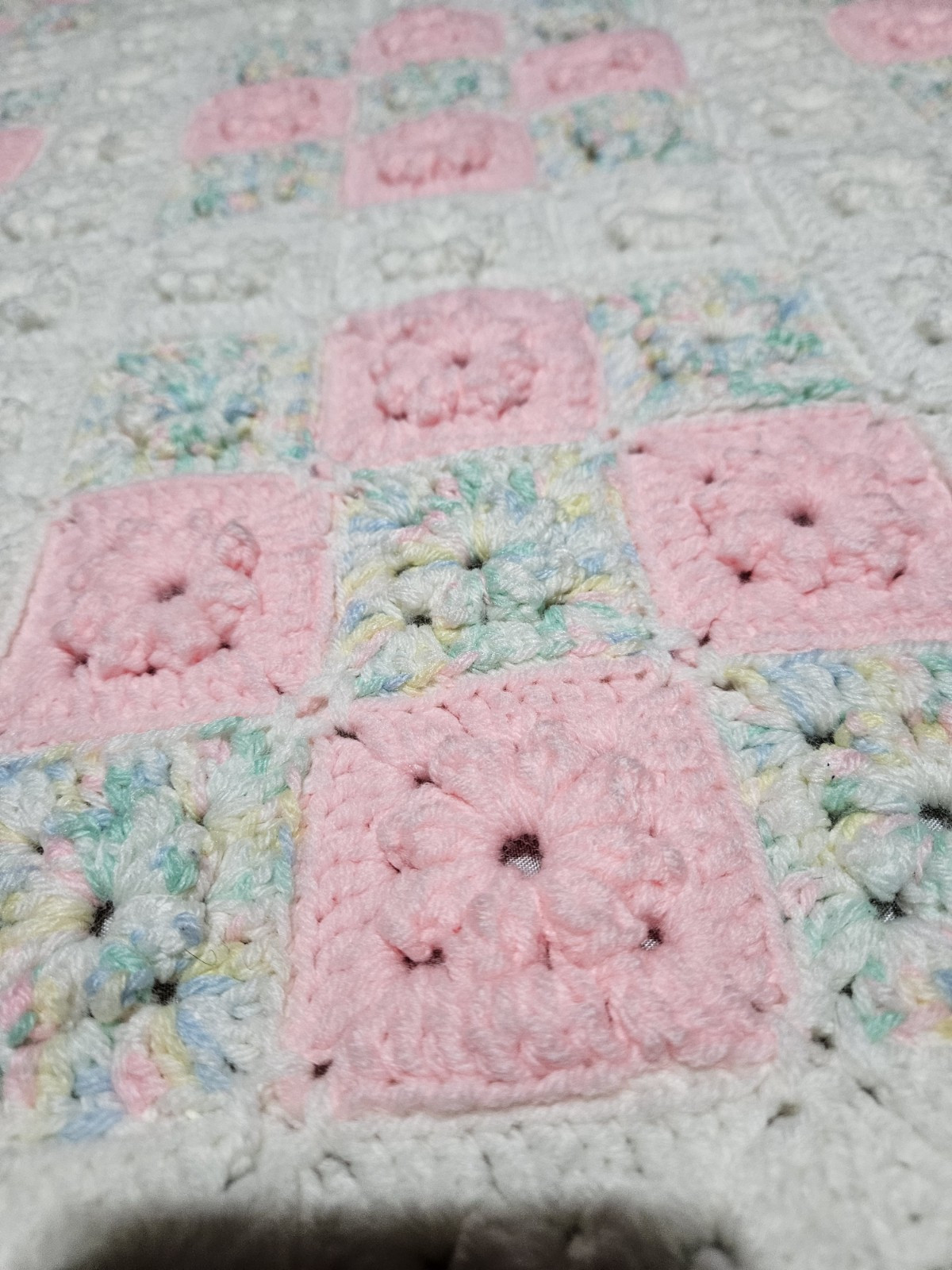 3D Granny Square Afghan Handmade 38in X 49in. pink/white Handmade gallery