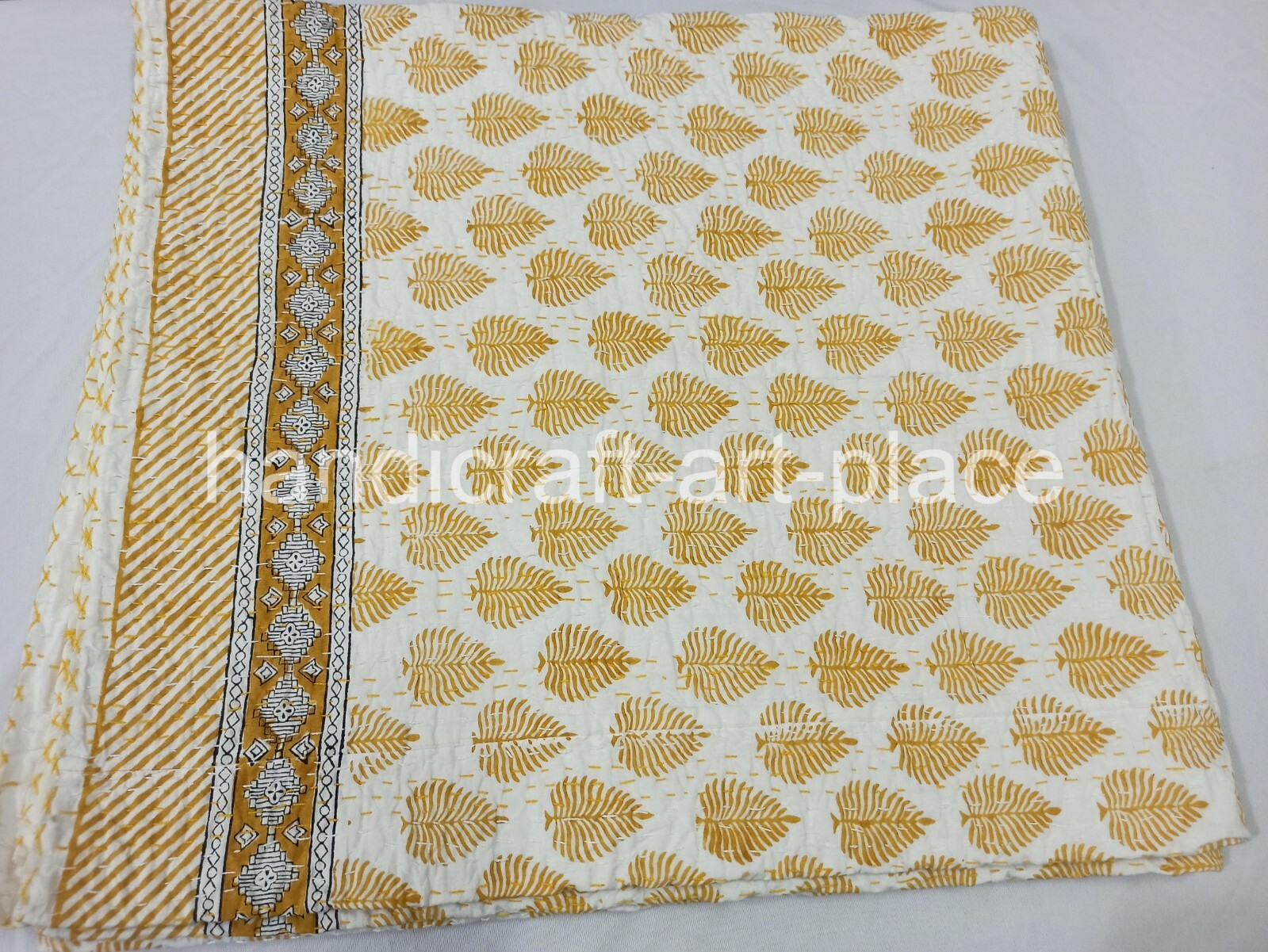 Vintage Indian Hand Block Print Quilt With Kantha King Size Bedspread Yellow gallery
