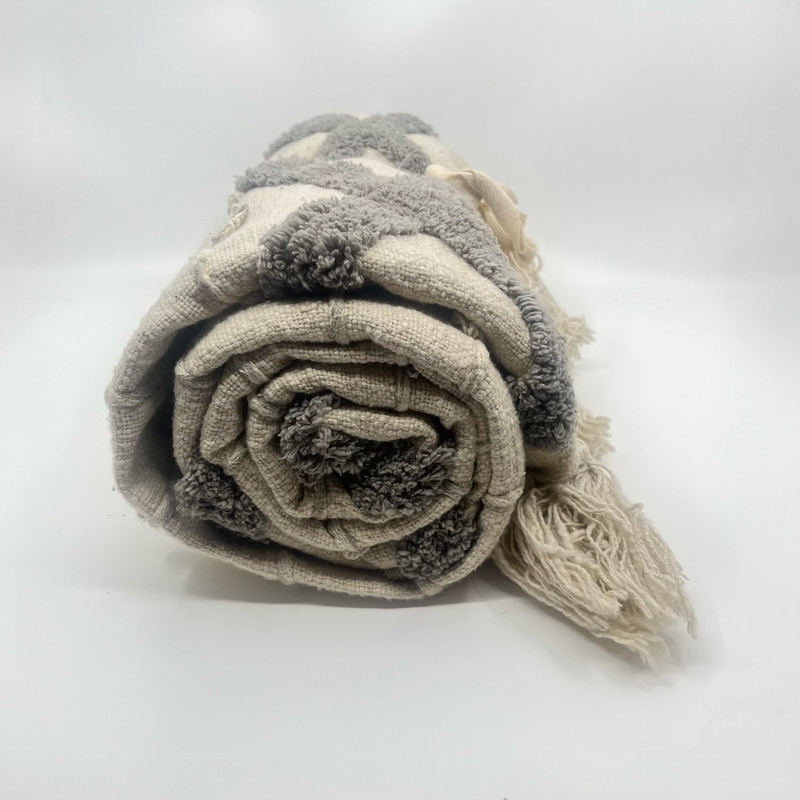 New Textured Throw Blanket Cream & Gray Tufted Geometric Design with Tassels gallery