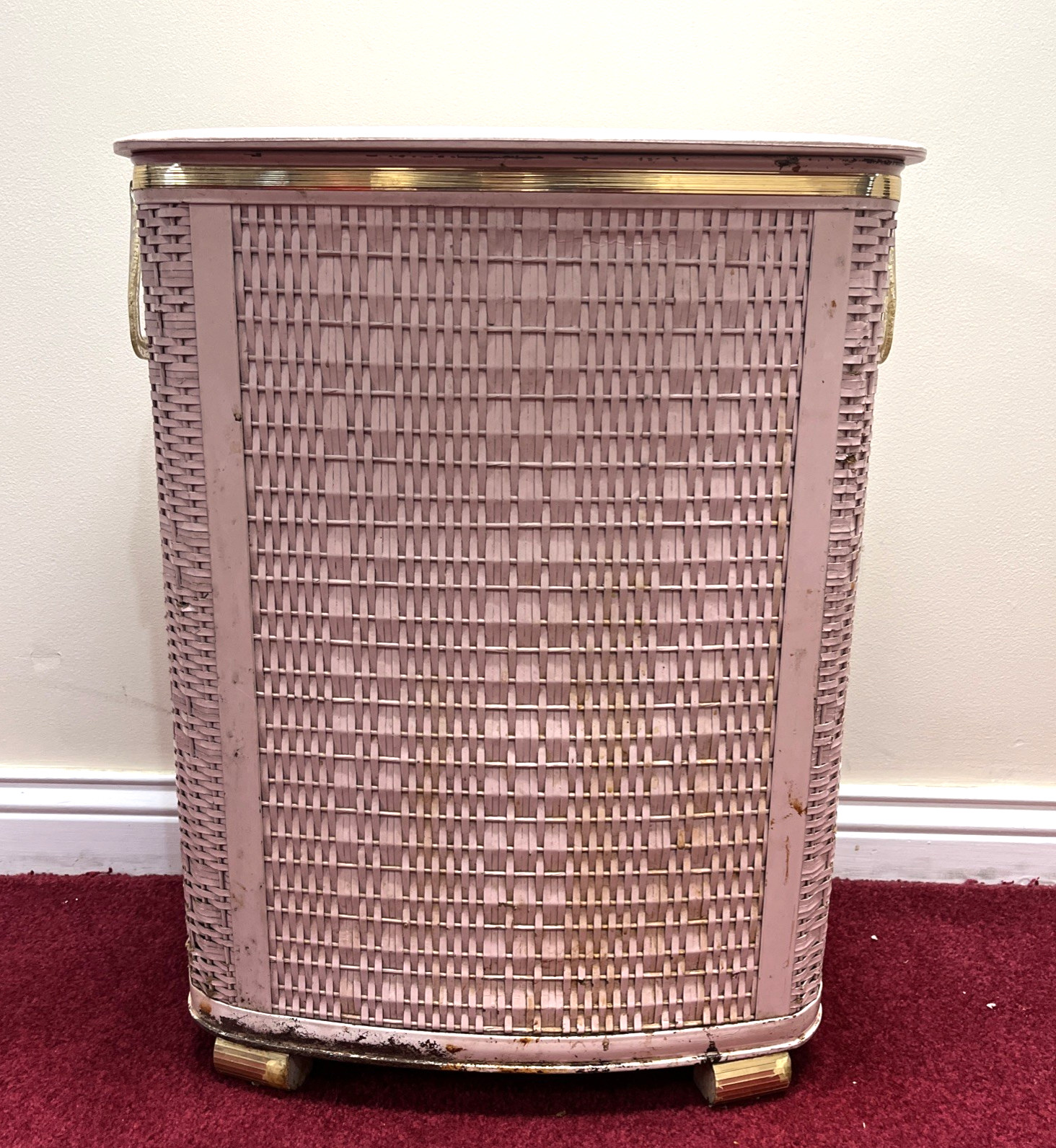 Vintage Mid-Century Pearl Wick Wicker PINK Laundry Hamper w/ Lucite Handles gallery