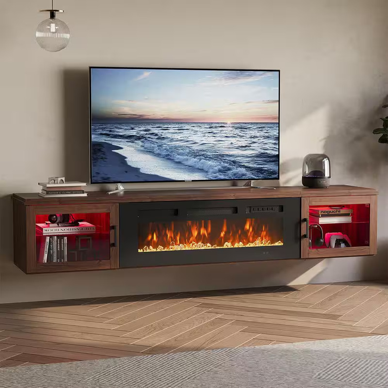 70 In. Wall Mount Modern Electric Fireplace TV Stand with Open Storage Shelves i gallery