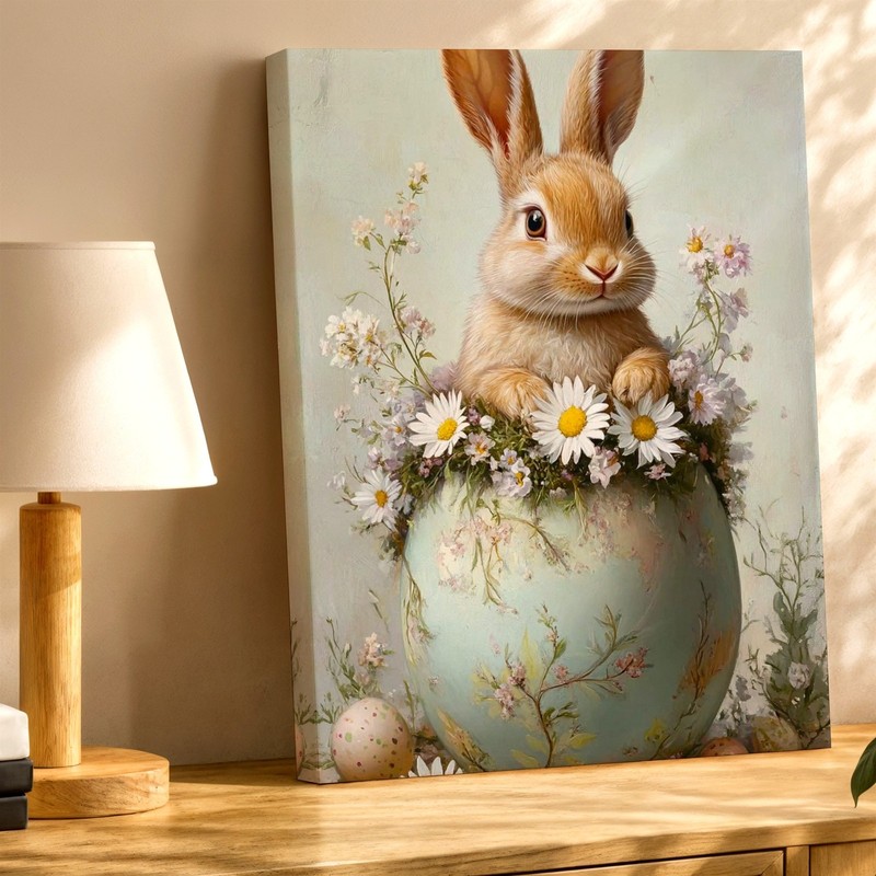 Wall Art Bunny Rabbit in Floral Easter Egg Daisies Spring Pastel Canvas Print gallery
