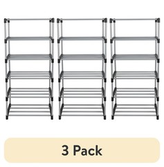 (3 pack 6 Tier Shoe Rack Black & Silver 8 Pairs of Shoes Metal Tubes & Plastic