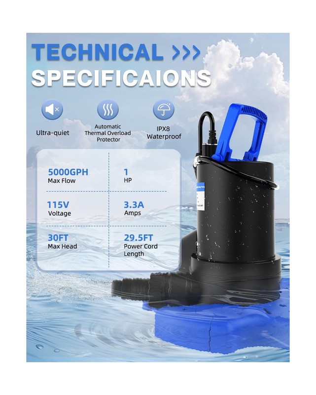 Automatic Pool Cover Pump - 1 HP 5000 GPH Submersible Water Pump with Check V... gallery