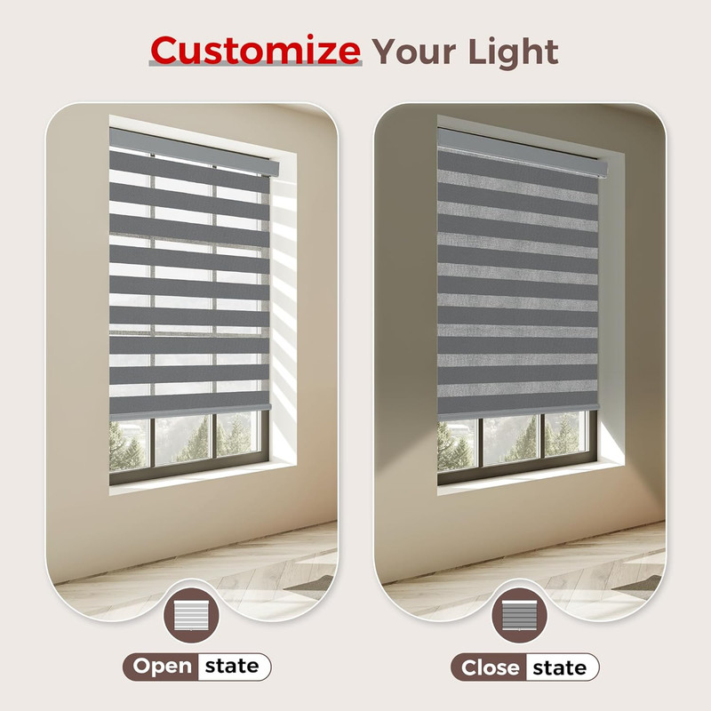 Zen Dual Layer Cordless Zebra Blinds - Dark Gray, 35" W x 72" H, Easy Install gallery
