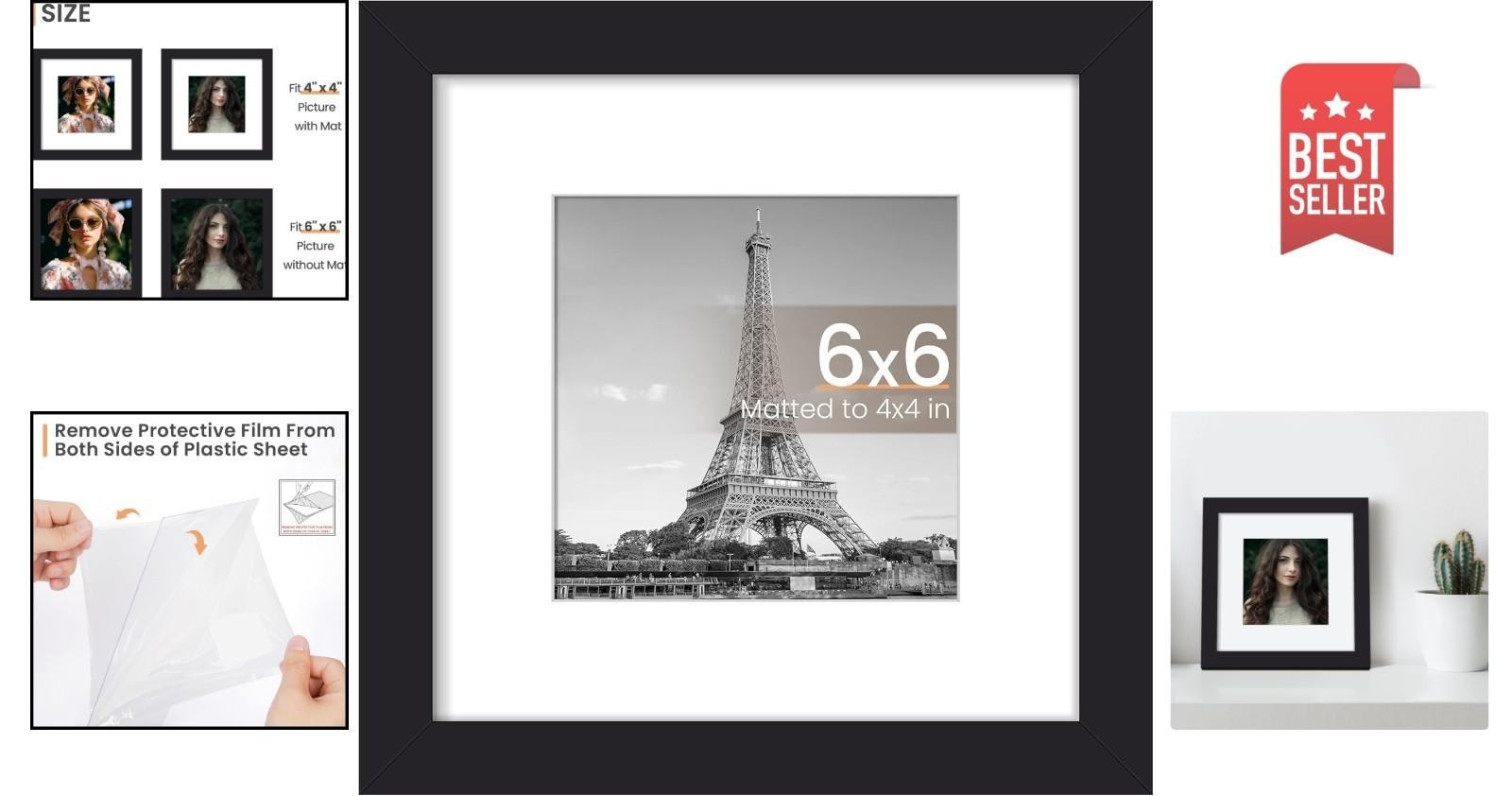 Versatile 6x6 Black Picture Frame - Displays 4x4 or 6x6 Photos Stylishly gallery