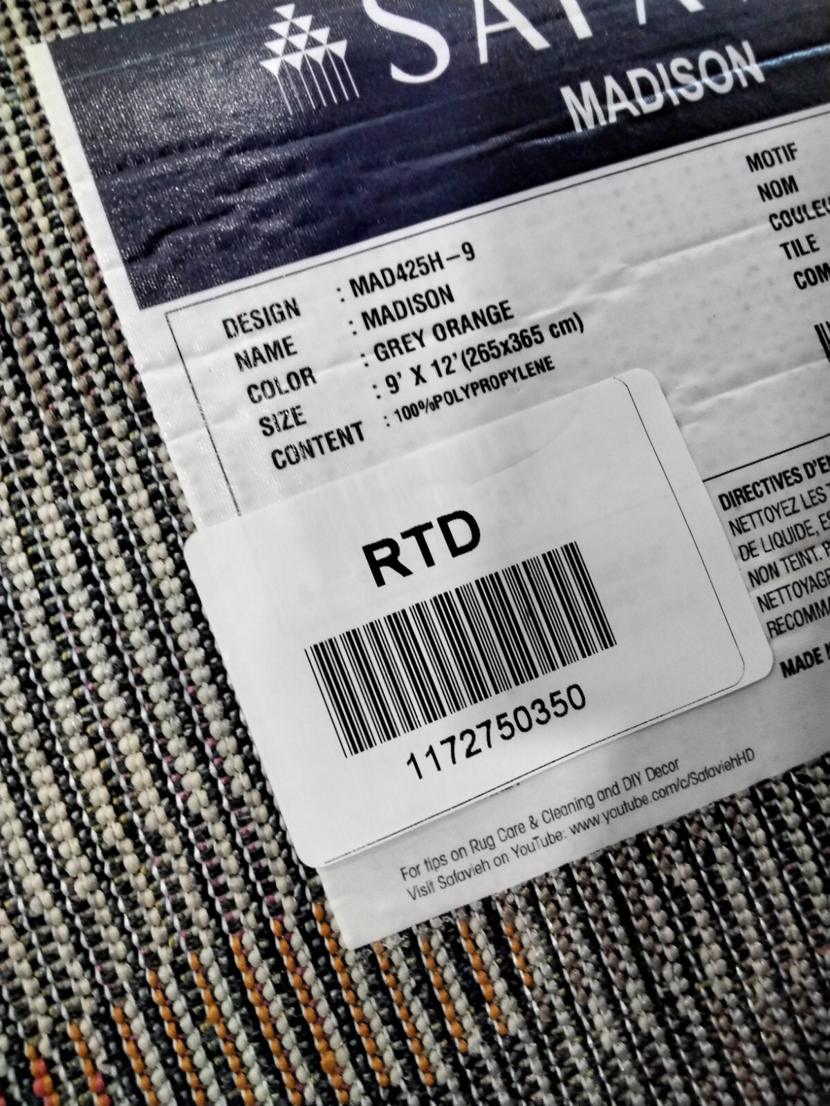GREY / ORANGE 9' X 12' Damaged Binding Rug, Reduced Price 1172750350 MAD425H-9 gallery