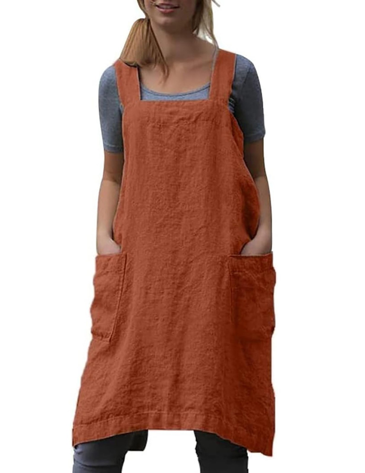 Womens Cross Back Pinafore Apron 2 Pockets Knee Length Tie Free Cooking Baking gallery