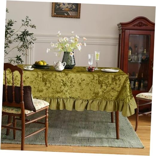 Velvet Ruffle Tablecloth, Rectangle Vintage 74" x 63" (Rectangular) Olive Green gallery