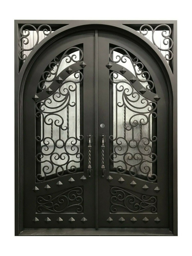 Canton Double Front Entry Wrought Iron Door Rain Glass 62" x 96" Right Active