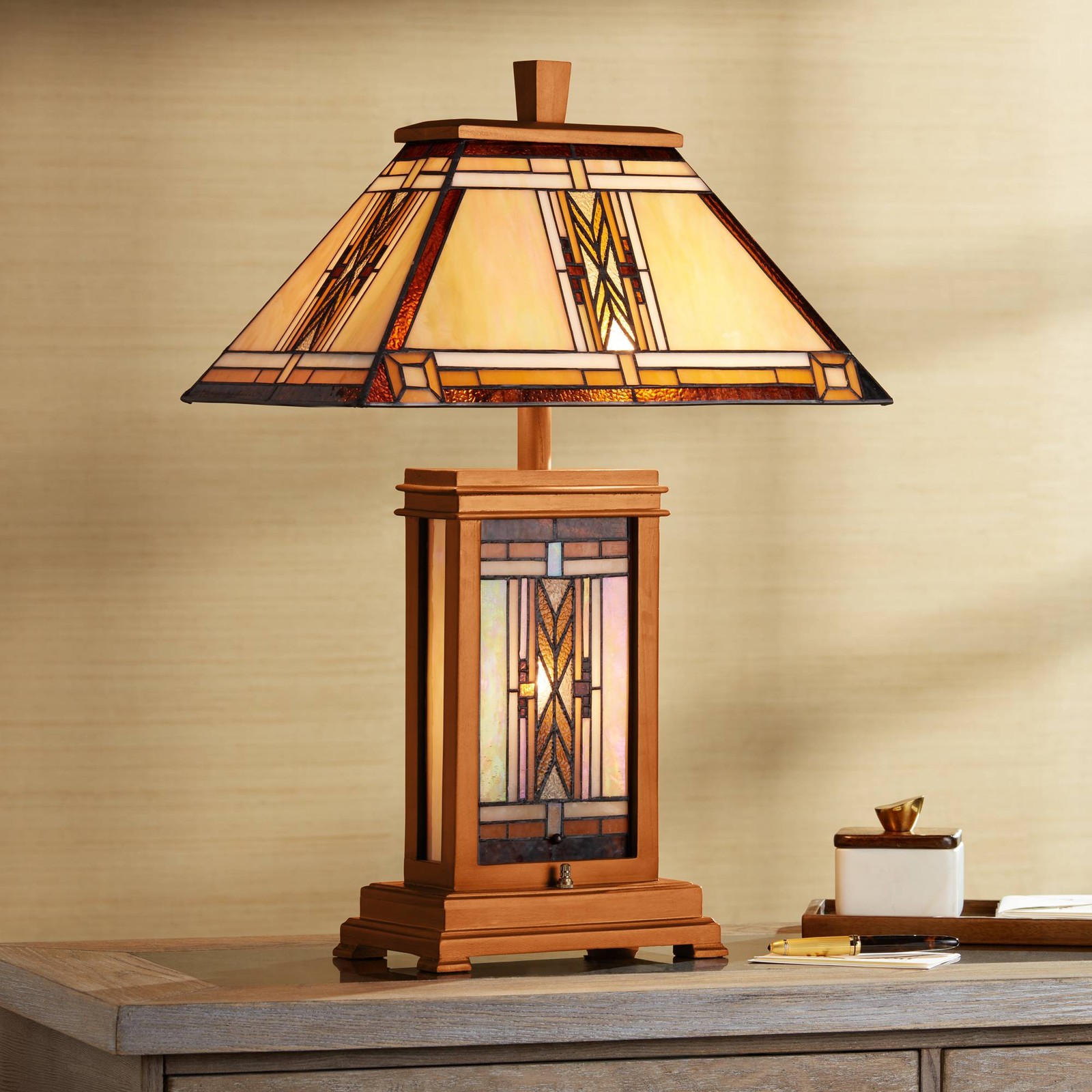 Mission Rustic Tiffany Style Table Lamp 27" Tall Walnut Wood with Nightlight gallery