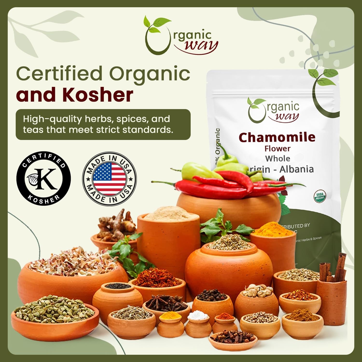 Organic Way Chamomile Flower Whole - Organic, Kosher & USDA Certified gallery