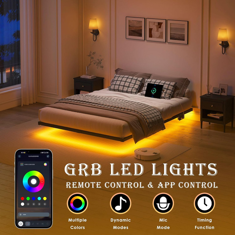 Full Size Floating Bed Frame with LED Lights & Charging Station, Easy Assembly gallery