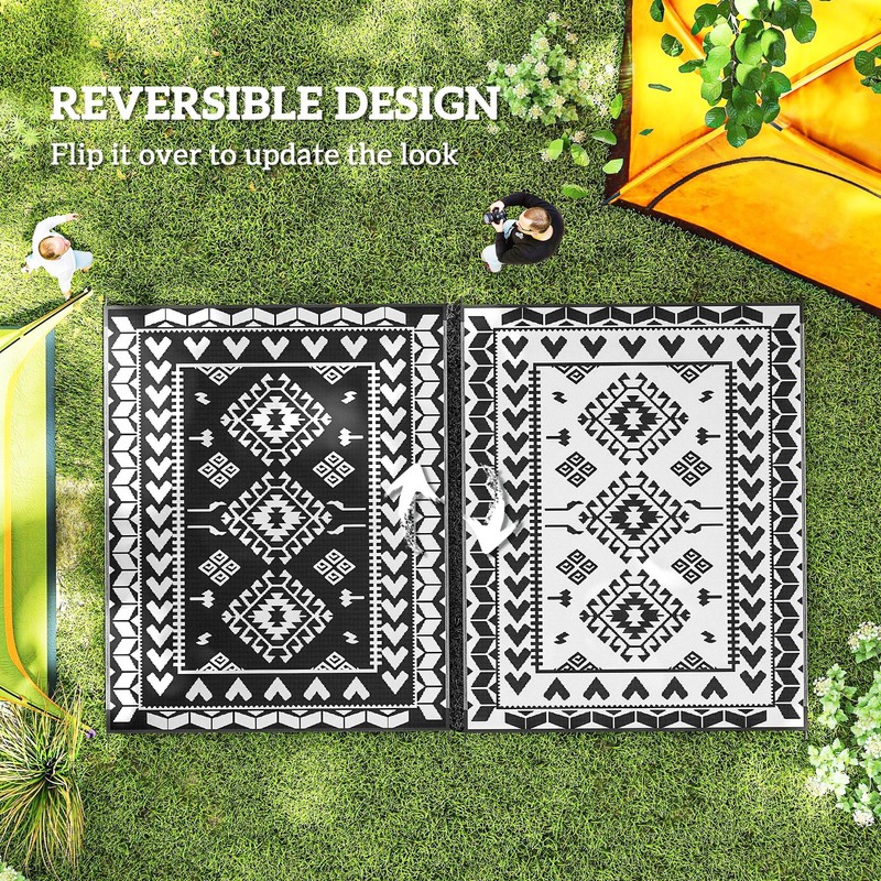 Black White Rhombus Patchwork Outsunny Outdoor Rug, 8' x 10' Floor Mat gallery