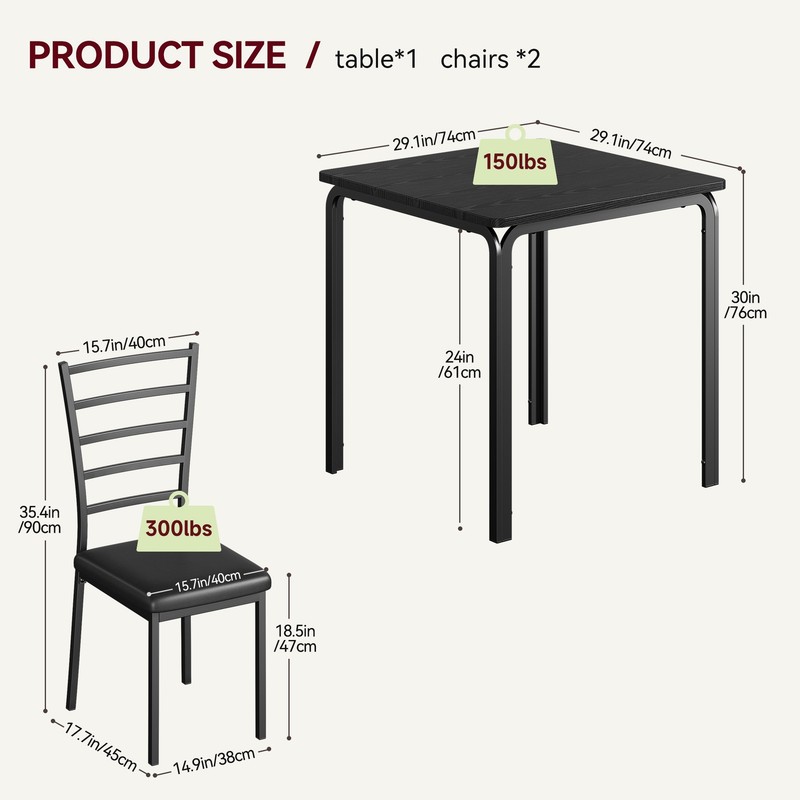 3 Piece Dining Table Set Kitchen Table and Chairs for Kitchen Dining Room Black gallery