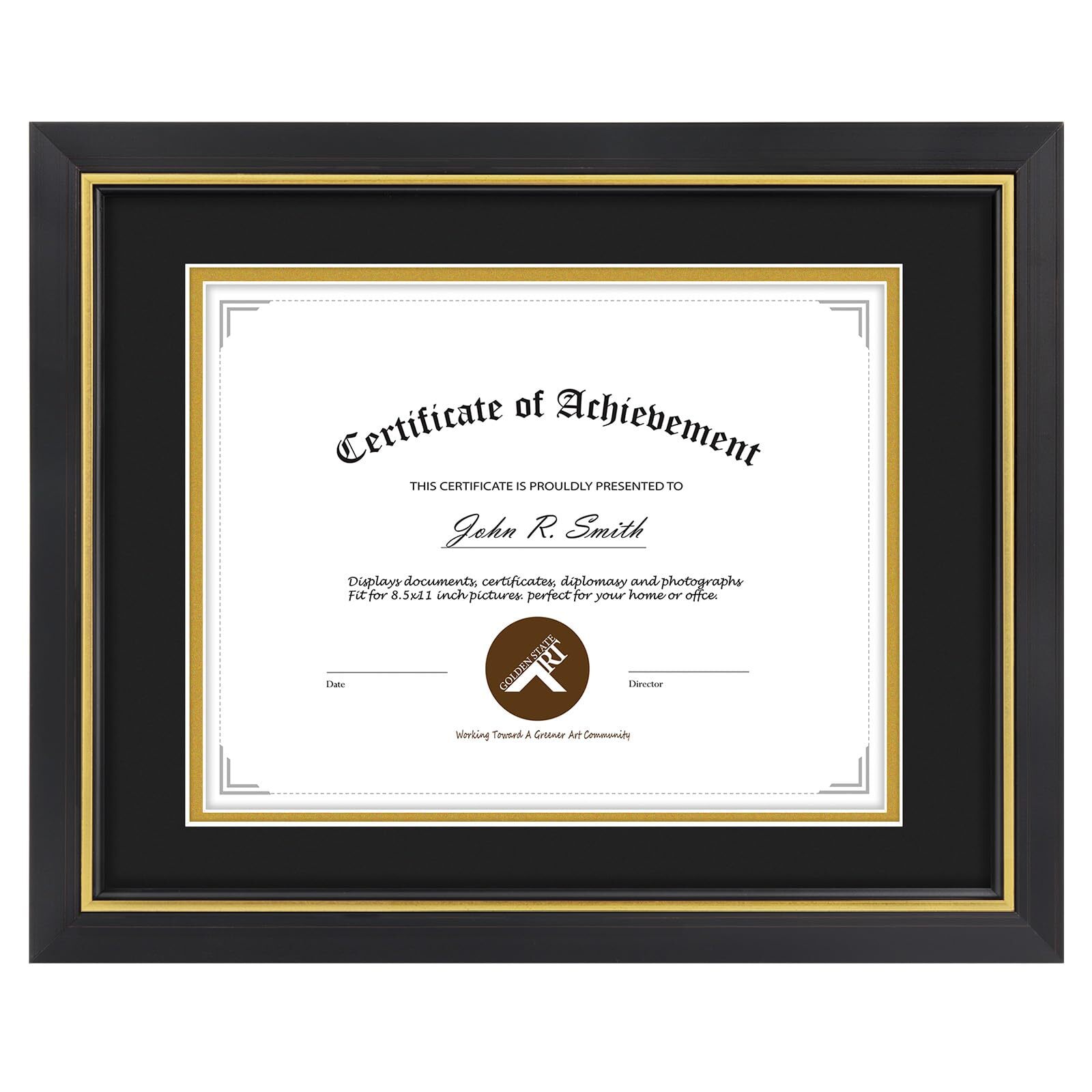 8.5x11 Certificate Frame with Black Over Gold Mat or 11x14 Frame without Mat gallery