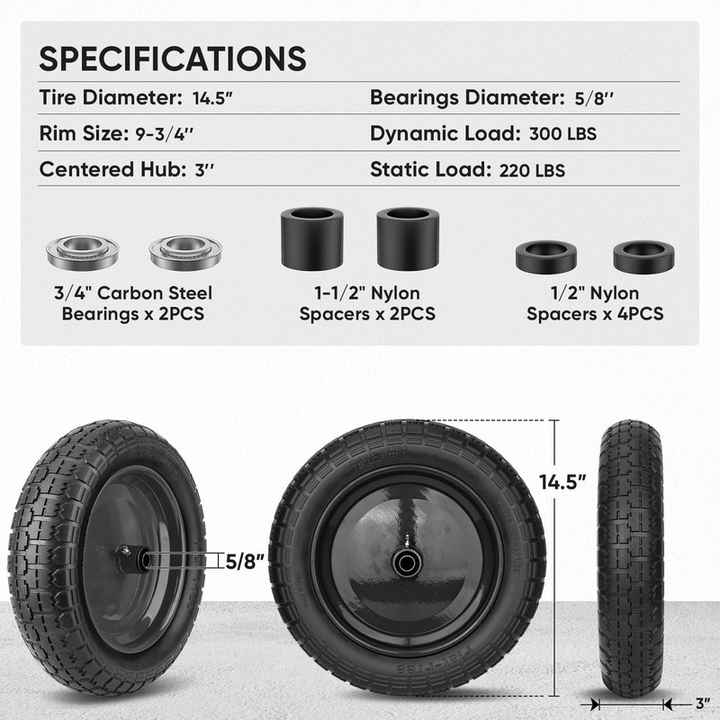 Flat Free Wheelbarrow Tire Solid Polyurethane 14.5 Inch Centered Hub 5/8 3/4 Inc gallery