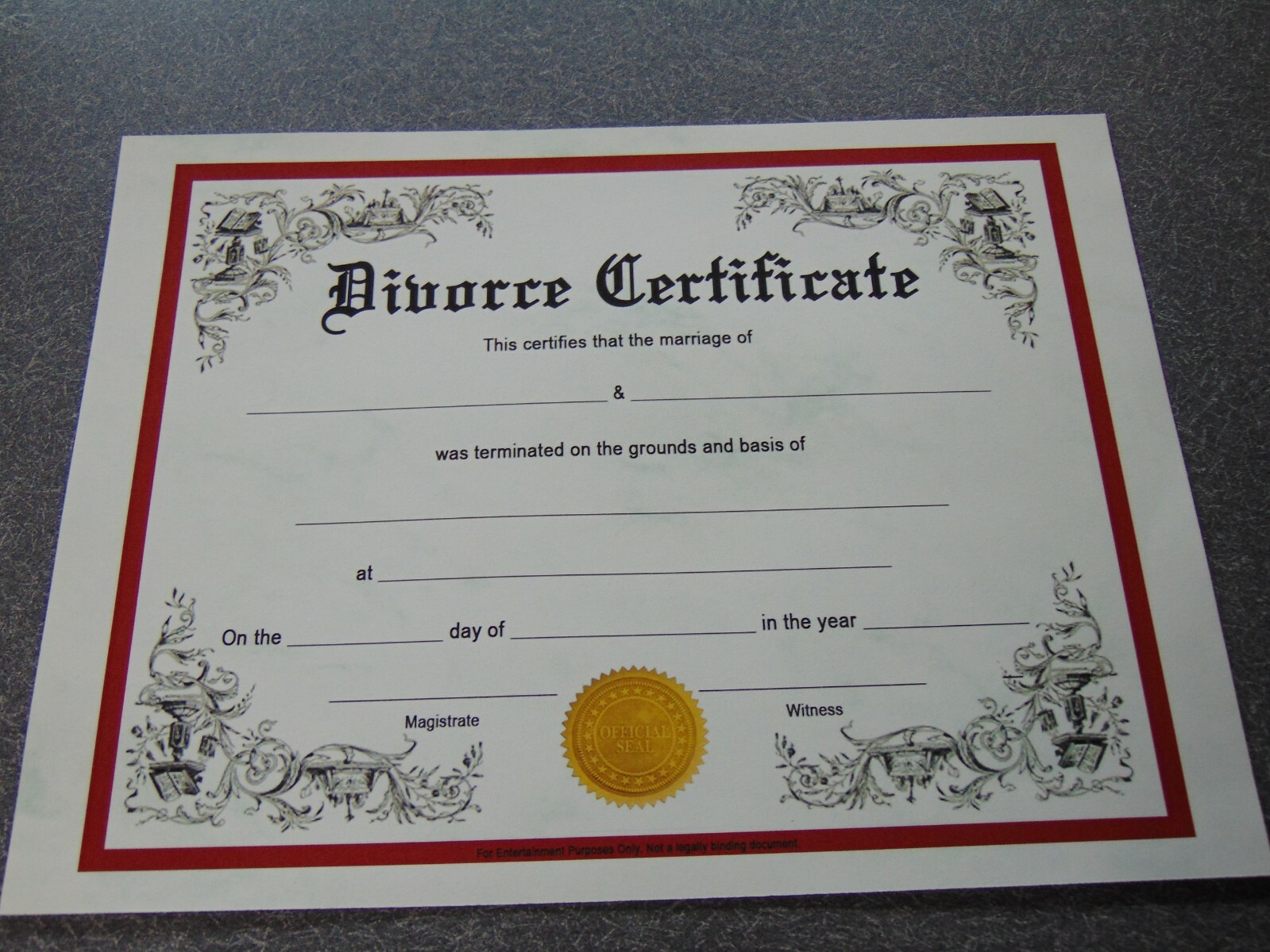 Most Authentic Looking Novelty Divorce Certificate. Fill in Date, Day, Grounds. gallery