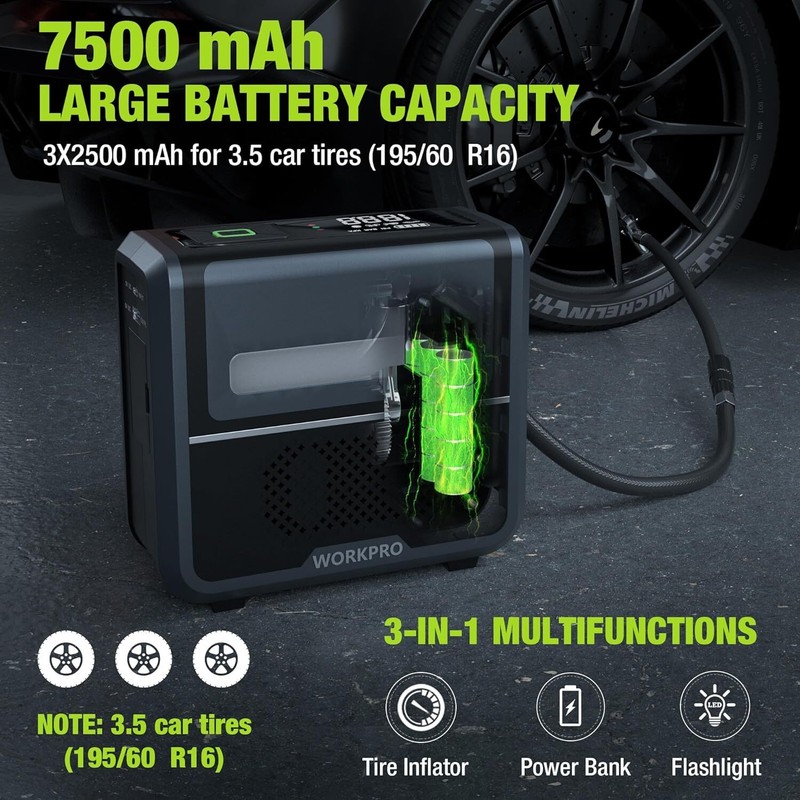WORKPRO Tire Inflator Portable Air Compressor-12V w/7500mAh Battery150PSI 3-in-1 gallery