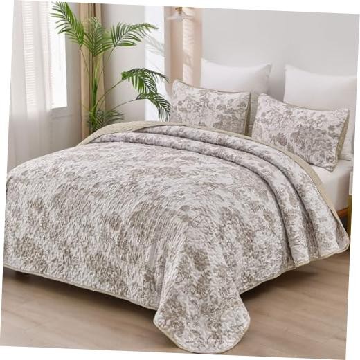 Botanical Quilt Set Size, Khaki 3 Pieces Floral Plants Printed Queen Brown gallery