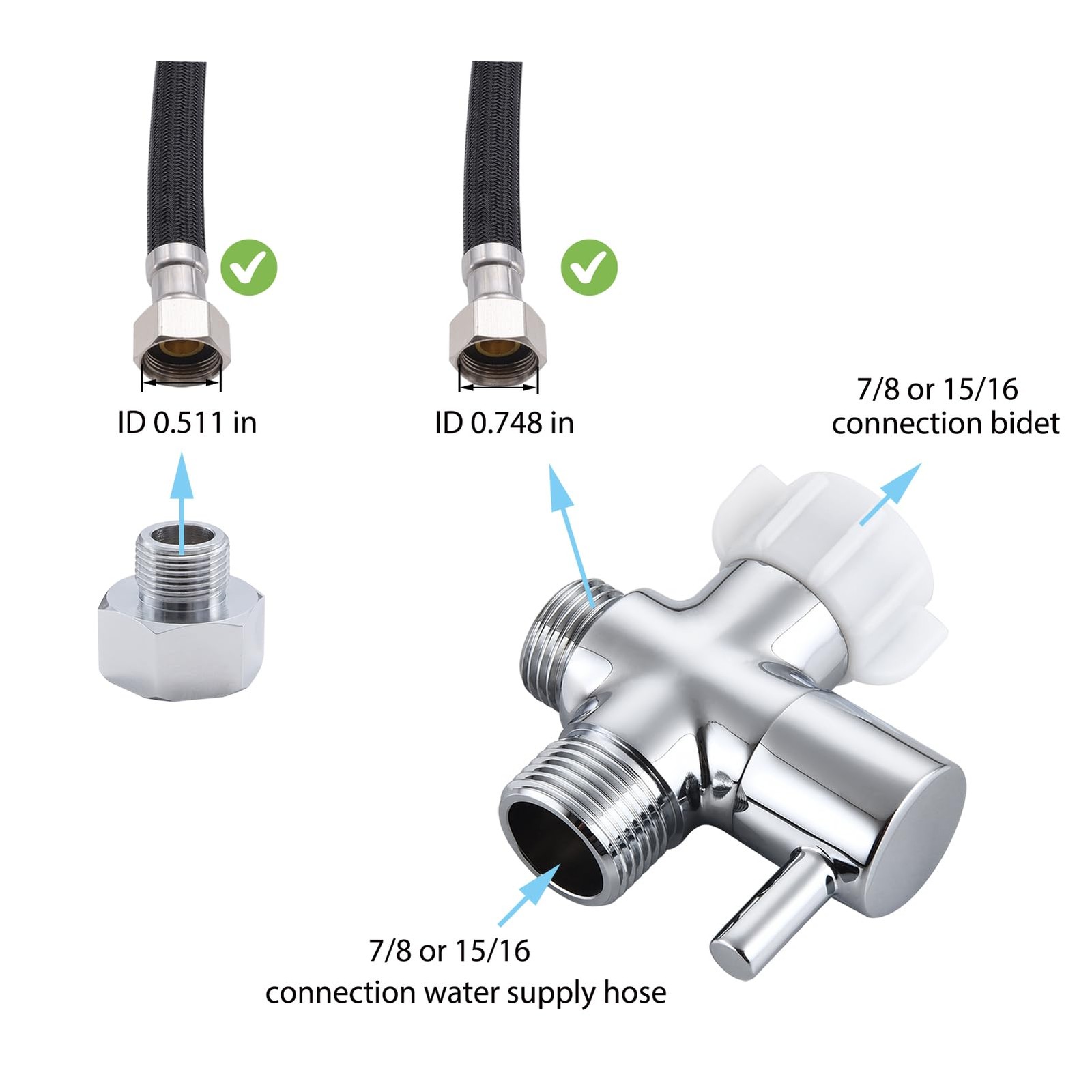 Walkinginrain Bidet T Adapter With Shut off Valve,3 7/8" or 15/16'', Chrome gallery