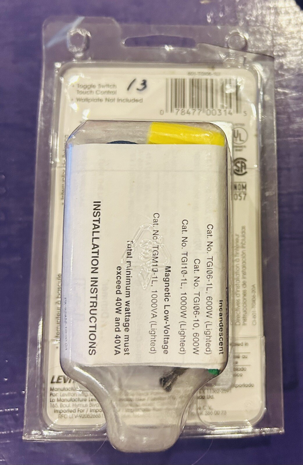 Leviton Toggle Touch 600W Dimmer Switch 601-TGI06-1LI Ivory - NOS gallery