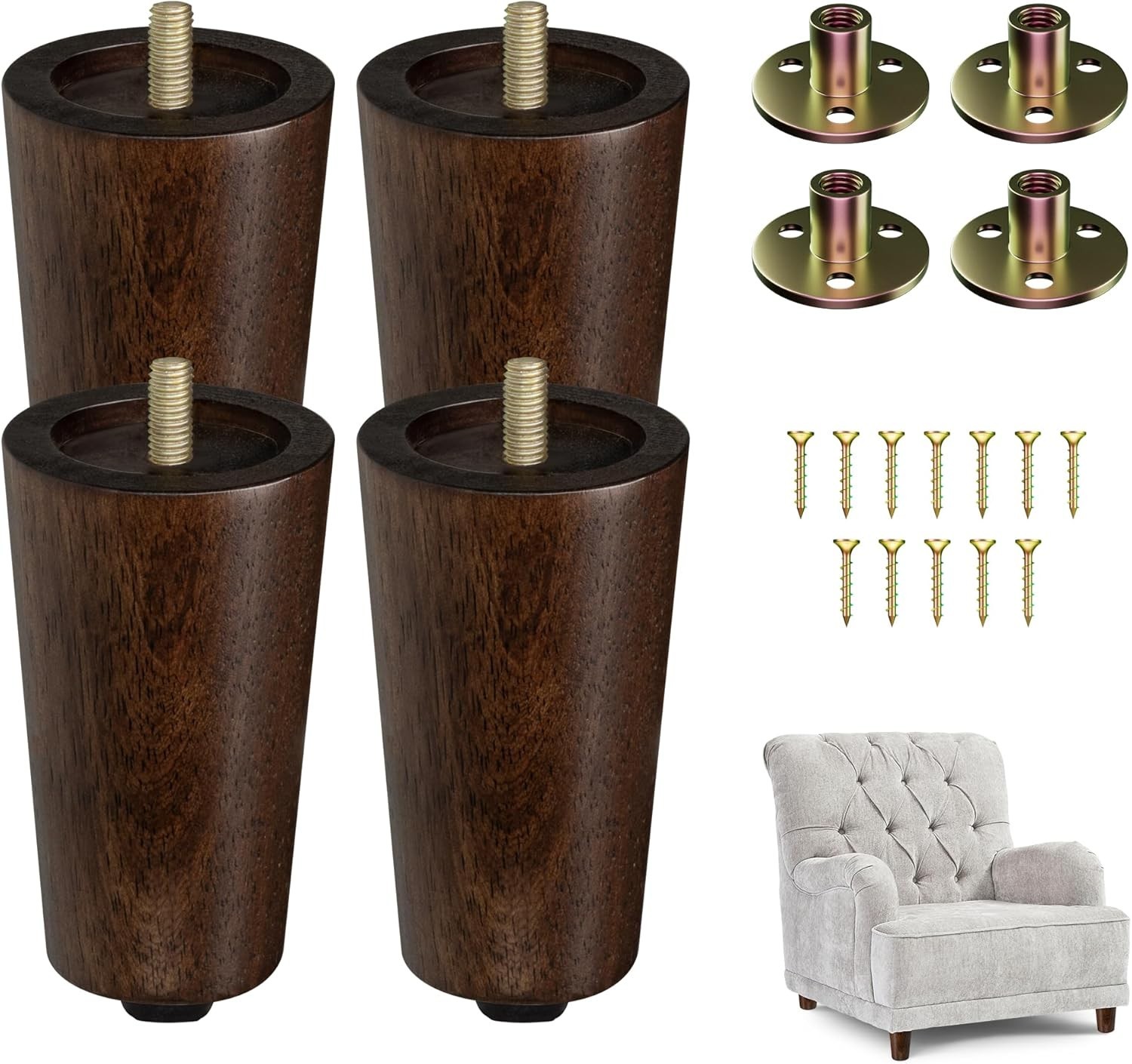 Yes4All 4 Inches Bore Round Walnut Solid Wood Furniture Legs Set of 4, Heavy Dut gallery