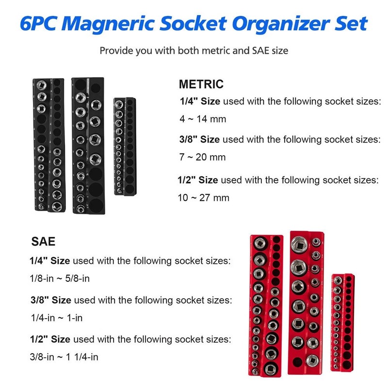 6-PACK Set Magnetic Socket Organizer Holder 1/4'' 3/8'' 1/2'' Drive SAE Metric gallery