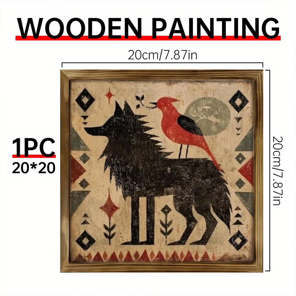 Rustic Western Tribal Black Wolf Red Bird Print Wooden Sign Entryway For Home gallery