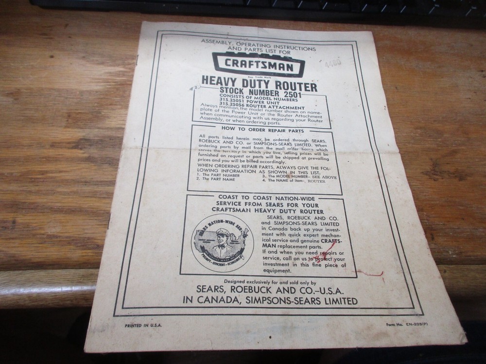 Vintage SEARS CRAFTSMAN Assembly Operating Instructions Parts List Router 2501