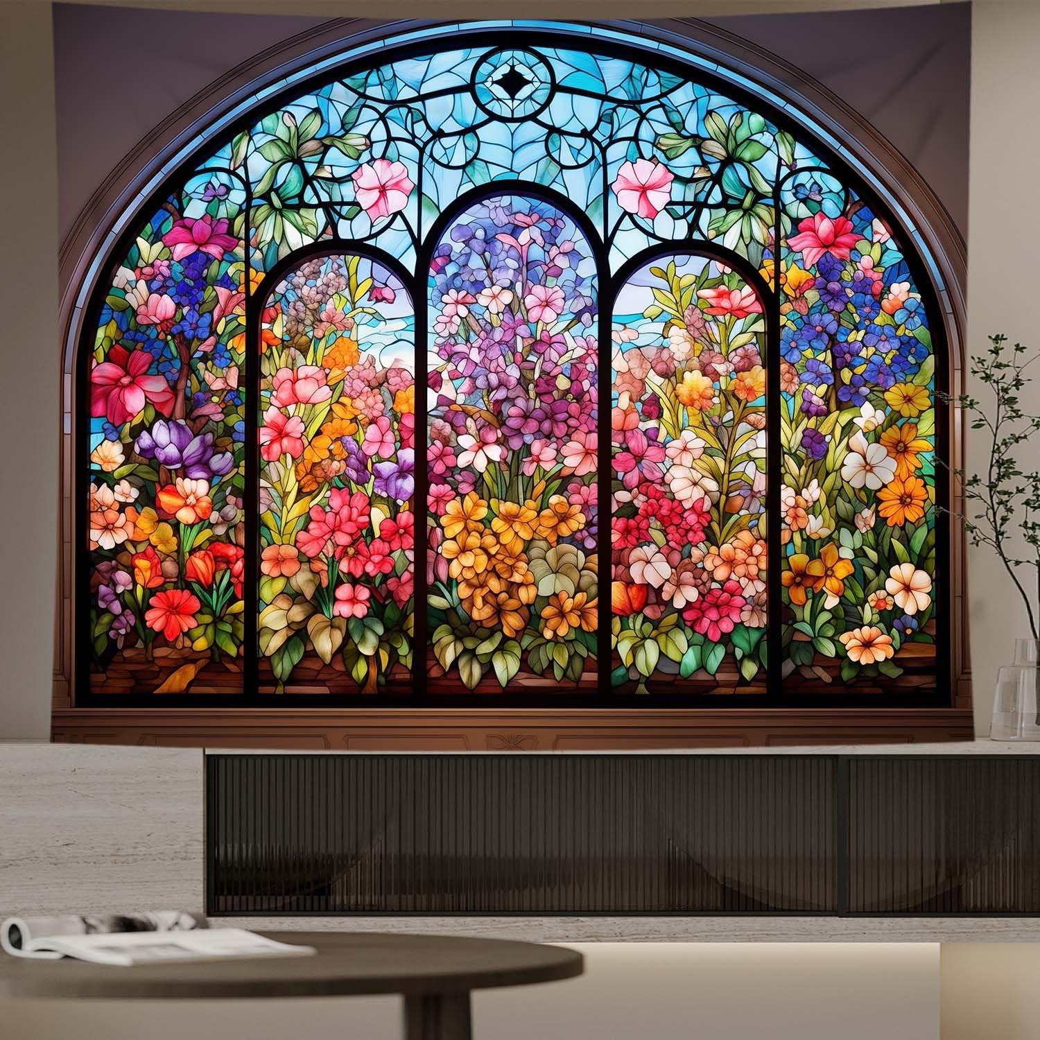 Colorful Floral Window Tapestry Wall Hanging, Medieval Tapestry Flower Tapest... gallery